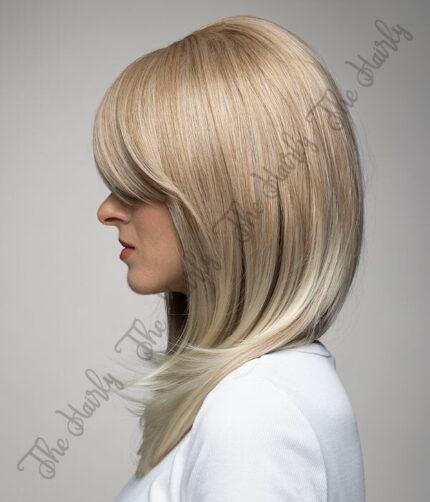 Peruka syntetyczna ciepły blond z pasemkami cieniowane grzywka - obrazek 3