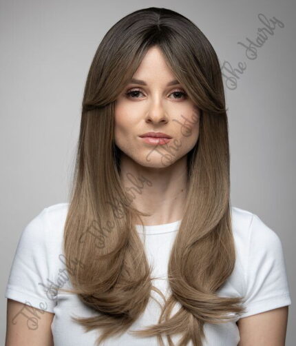 Peruka syntetyczna ciemny blond ombre proste grzywka