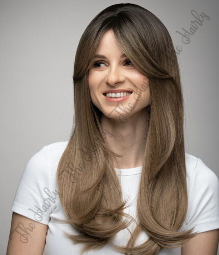 Peruka syntetyczna ciemny blond ombre proste grzywka