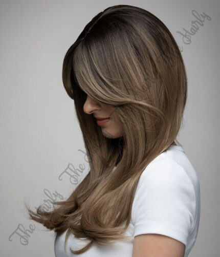 Peruka syntetyczna ciemny blond ombre proste grzywka