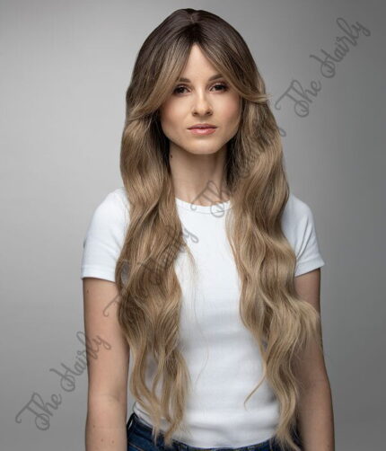 z syntetycznych włosów peruka ciemny blond z falami