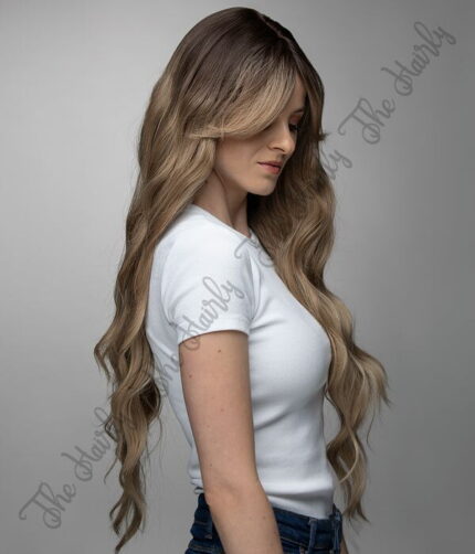 z syntetycznych włosów peruka ciemny blond z falami