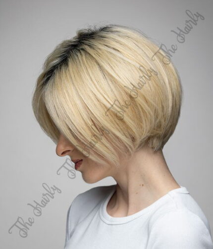 Peruka 50% włos naturalny, 50% włos syntetyczny, krótki blond bob z odrostem - obrazek 3