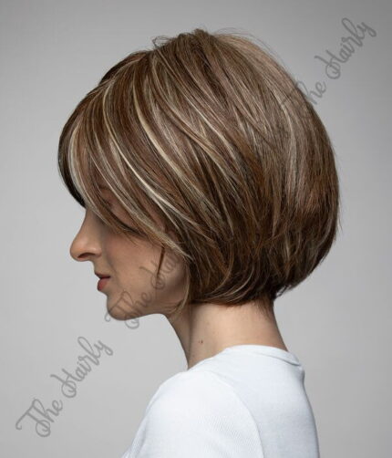 Peruka 50% włos naturalny, 50% włos syntetyczny, krótki brąz bob z pasemkami - obrazek 3