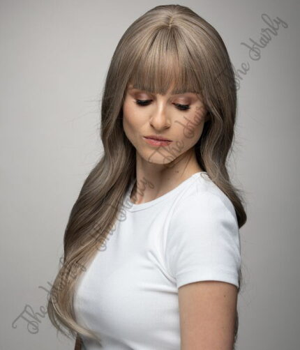 Peruka syntetyczna popielaty blond balayage fale grzywka - obrazek 3