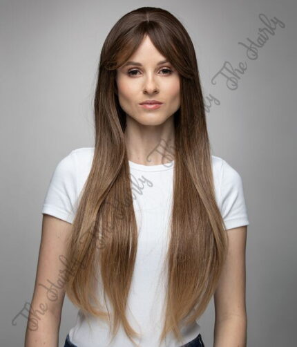 Peruka syntetyczna ciemny blond ombre proste grzywka