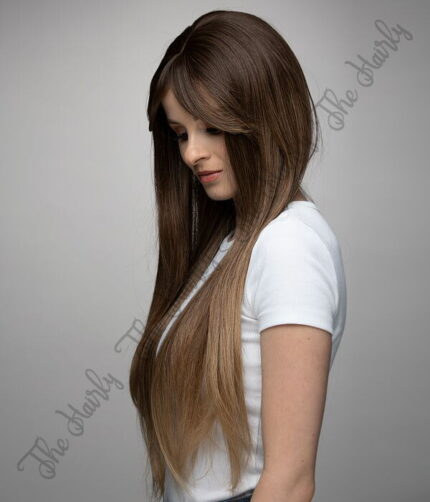 Peruka syntetyczna ciemny blond 61cm ombre proste grzywka - obrazek 3